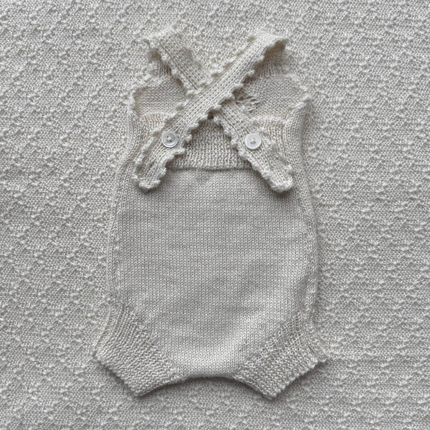baby alpaca ivy romper with crochet straps back