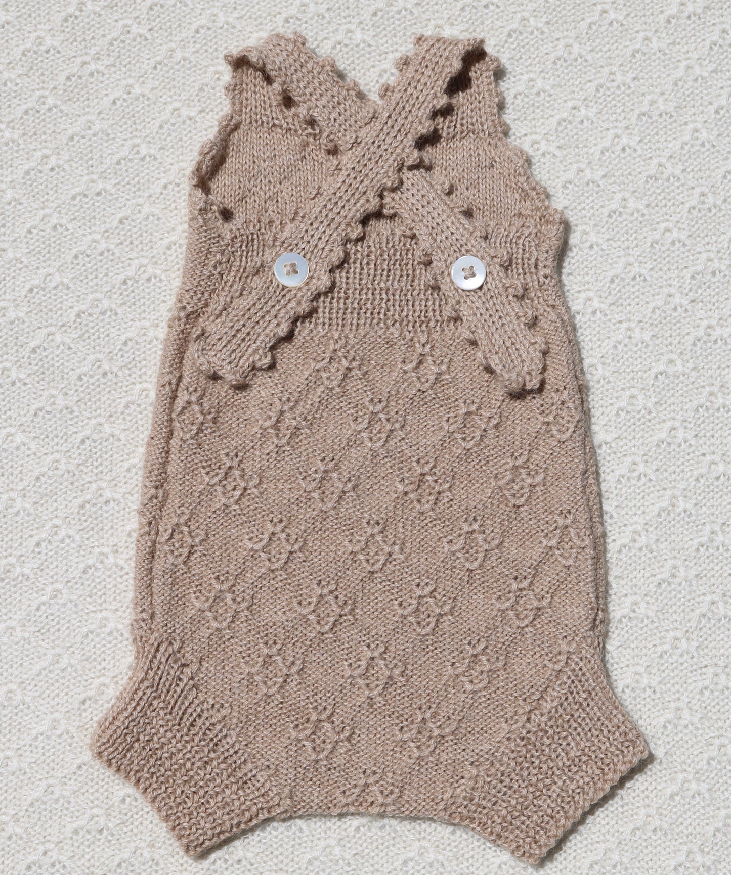 Tan Ava alpaca newborn bloomers with crochet straps back