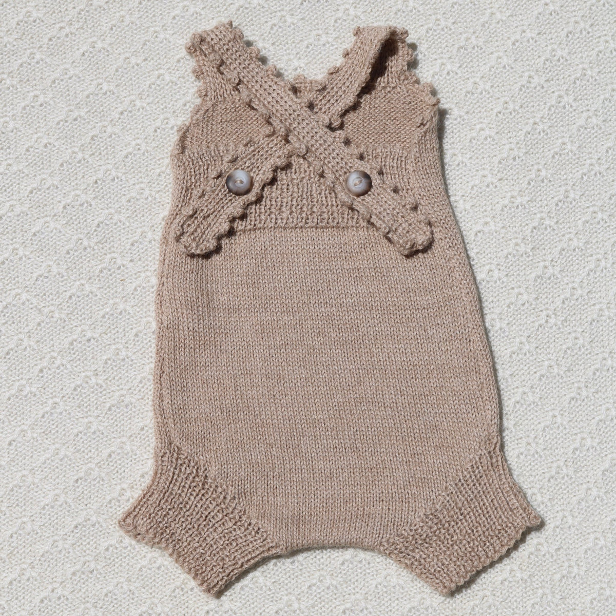 Tan Poppy Newborn Baby Romper with crochet straps - Warm & Cosy KnitsAlpaca newborn romper