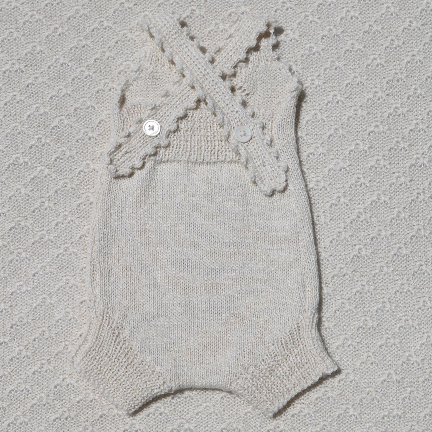 Audrey ivory alpaca newborn bloomers with crochet straps back