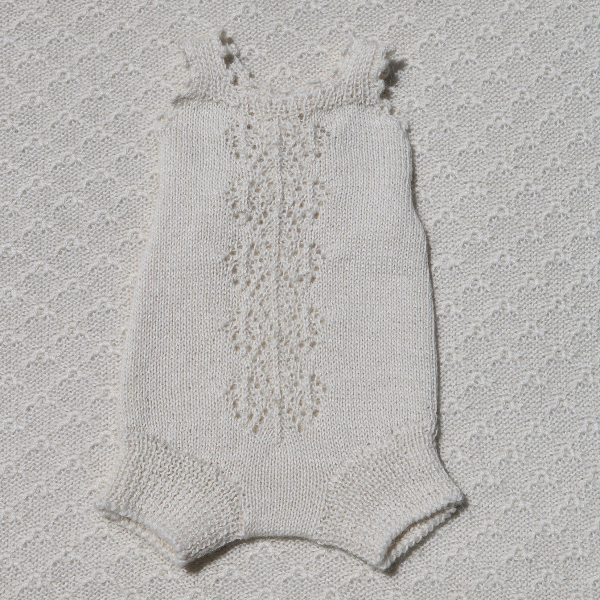 Audrey ivory alpaca newborn bloomers with crochet straps front