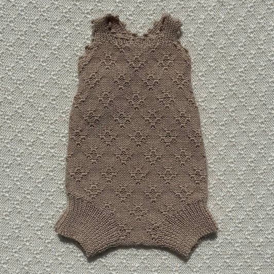 Tan Ava alpaca romper crochet strap front