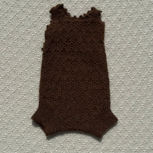 Chocolate Nellie alpaca romper crochet strap front