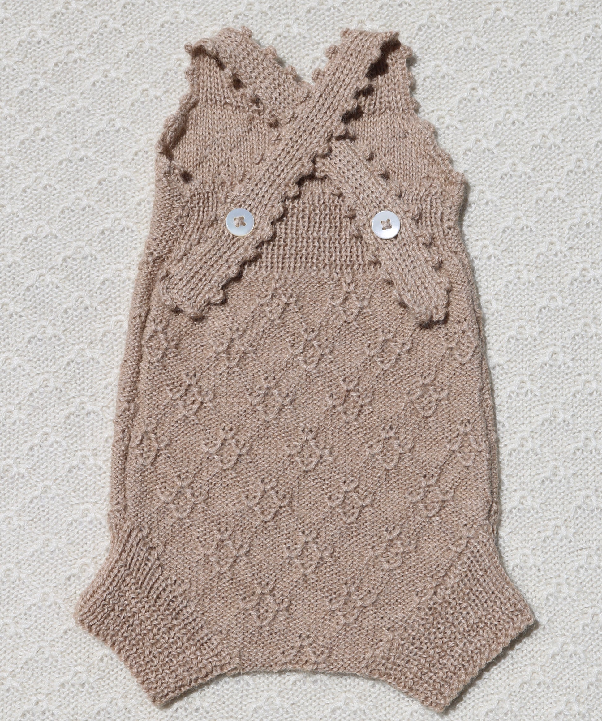 Tan Ava alpaca newborn bloomers with crochet straps back