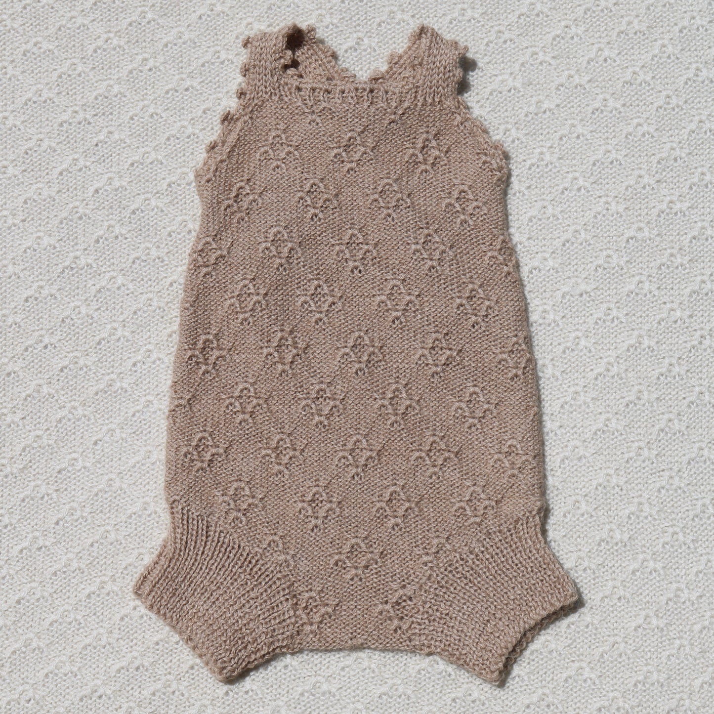 Tan Ava alpaca newborn bloomers with crochet straps front
