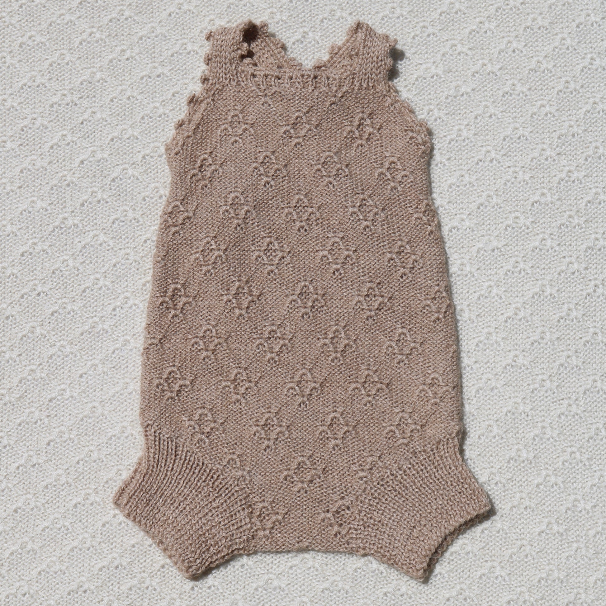 Tan Ava alpaca newborn bloomers with crochet straps front