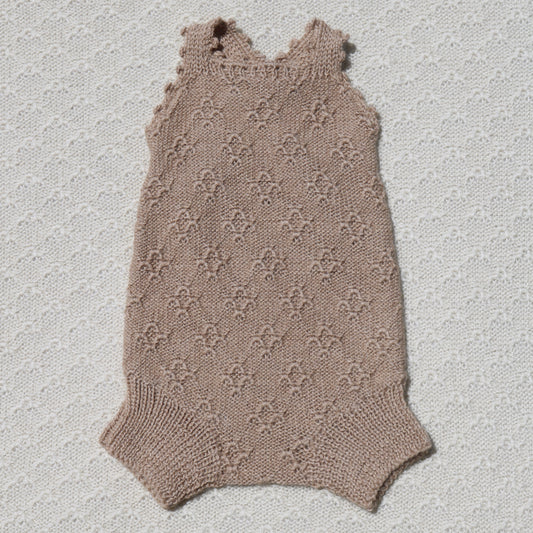 Tan Ava alpaca newborn bloomers with crochet straps front